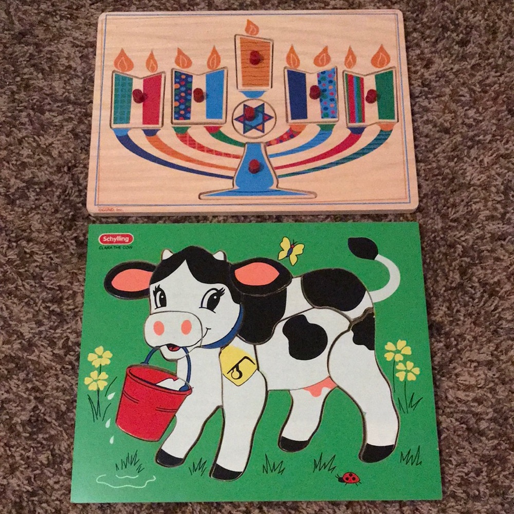 Two Wooden Toddler Kid Child Puzzles - Clara The Cow and Happy Hanukkah Menorah